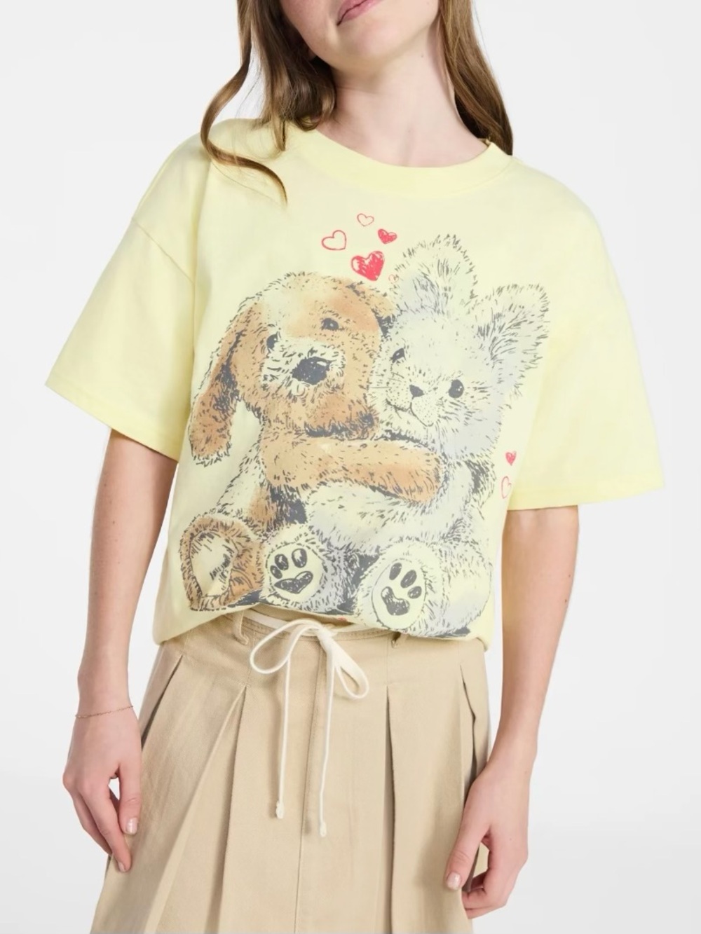 Oversized Graphic Tee with Hugging Puppy and Bunny